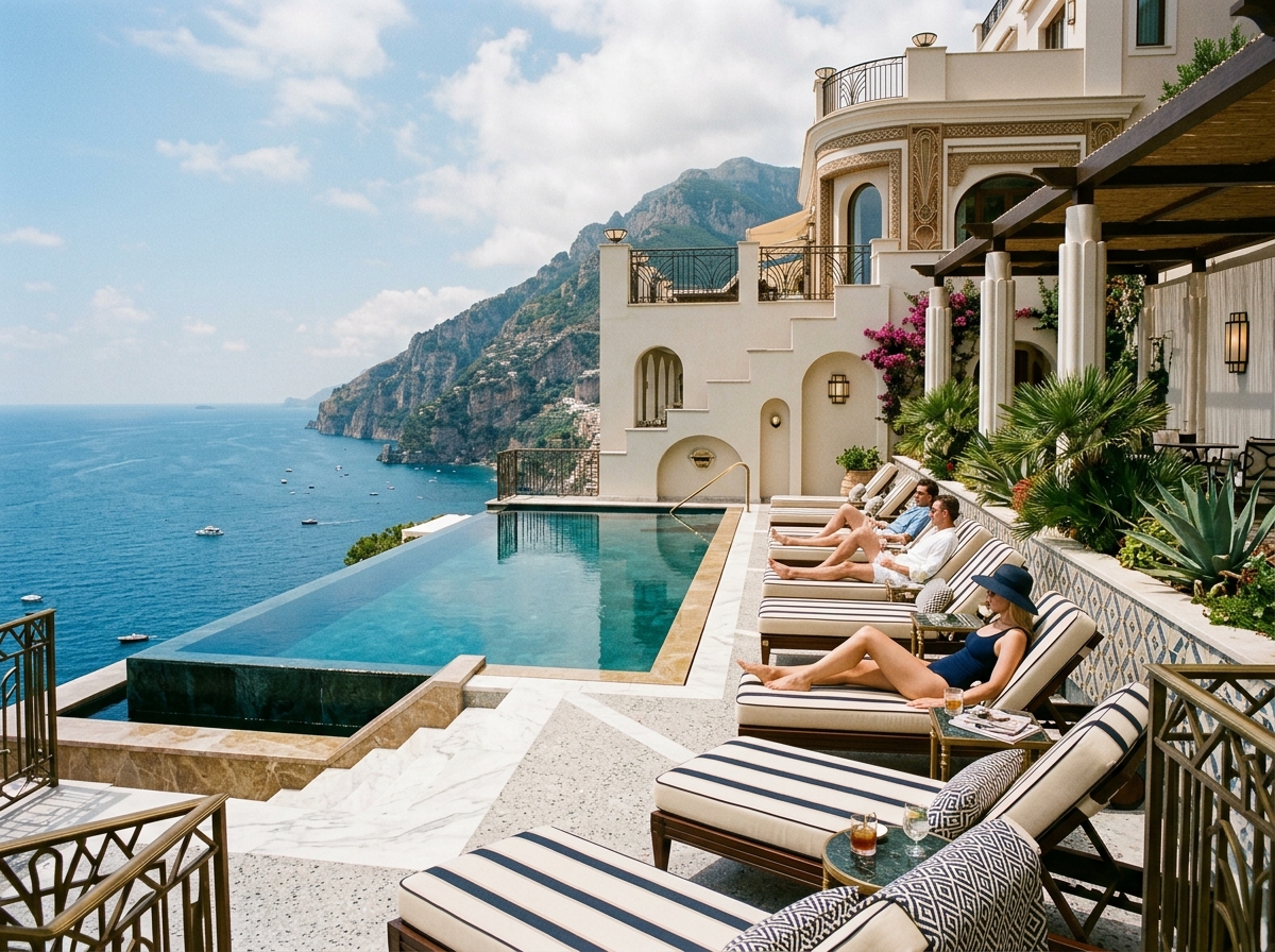 Art Deco inspired infinity pool lounge overlooking the Mediterranean Sea