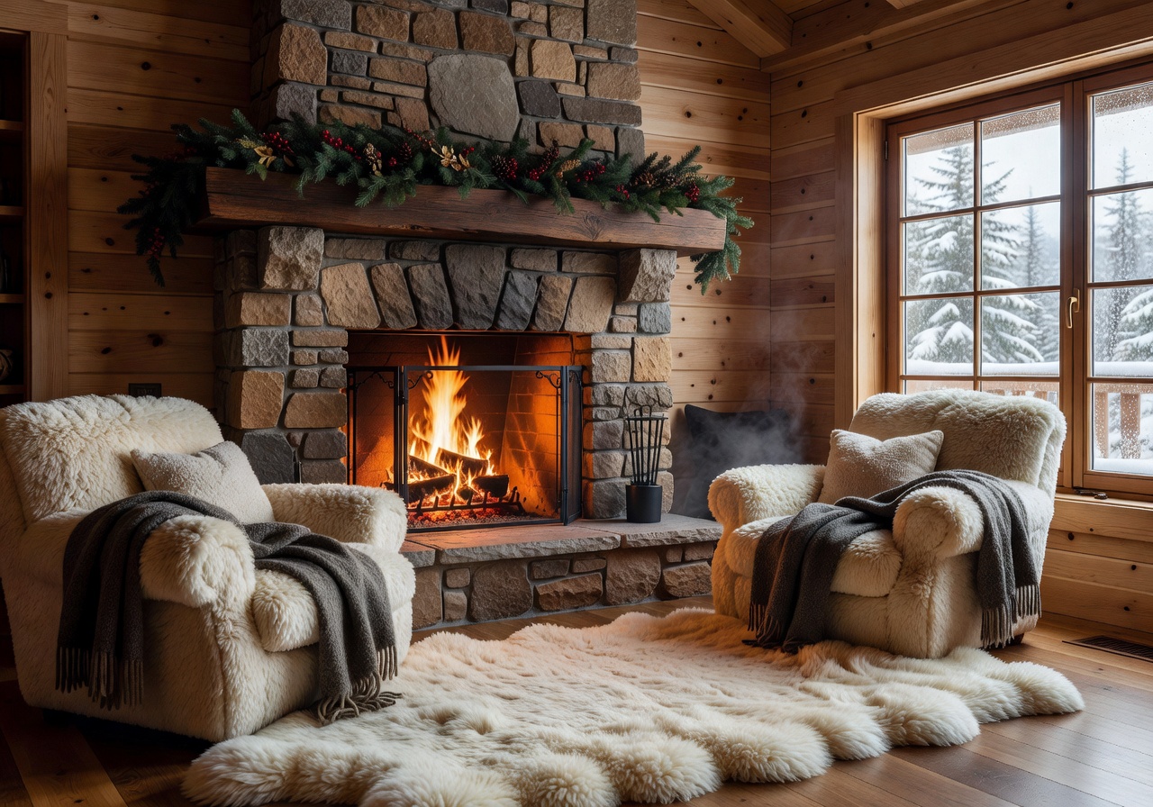 Cozy luxury chalet interior with fireplace