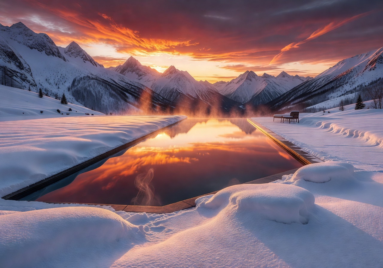 Dramatic snow-covered alpine infinity pool at Le Coucou