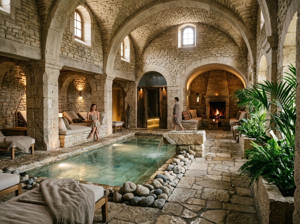 Elegant indoor spa and wellness area with stone architecture