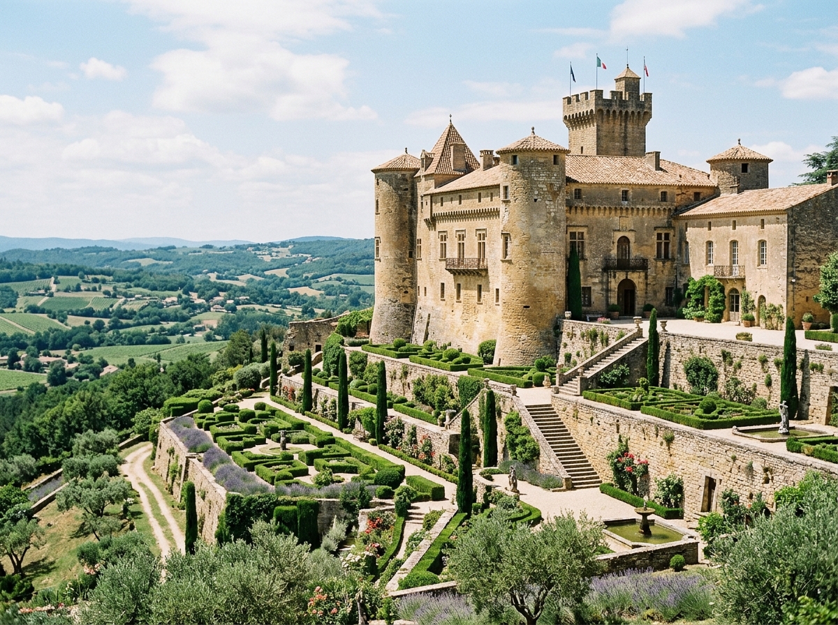 Historic chateau architecture and terraced gardens in Provence