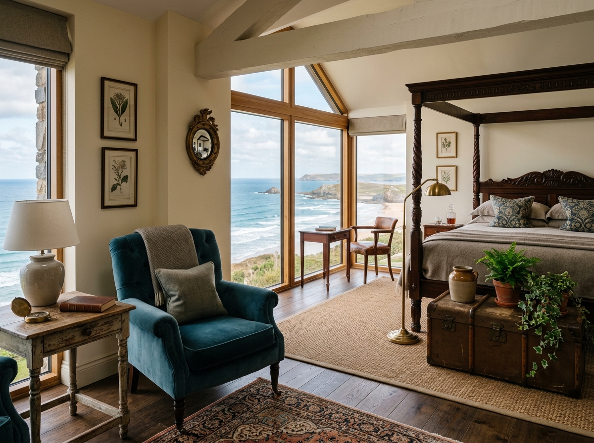 Luxurious ocean view suite interior with vintage touches