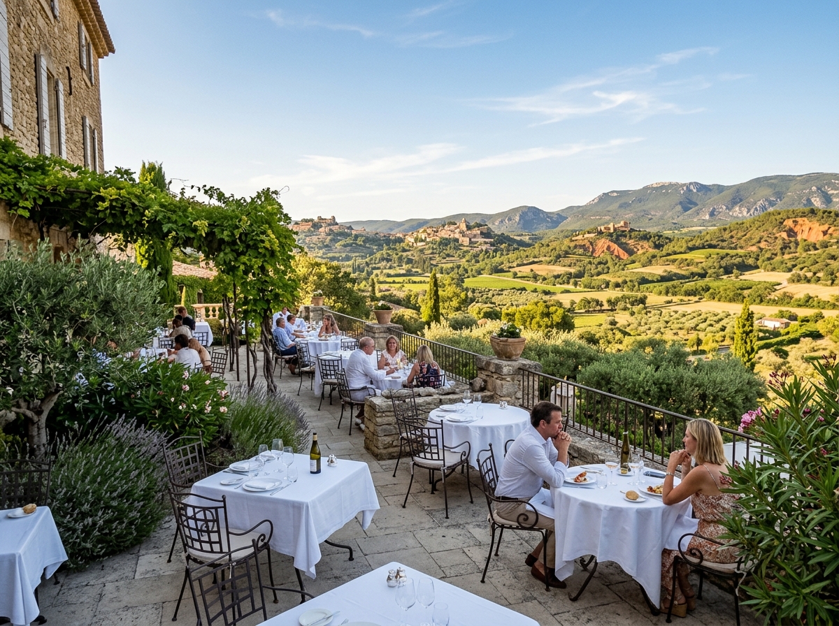 Outdoor fine dining terrace overlooking the Luberon valley