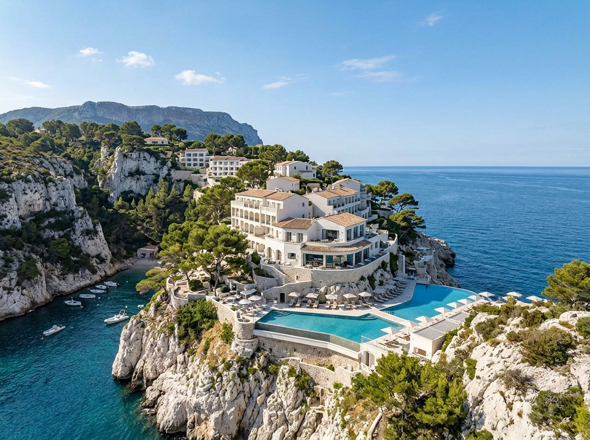 Stunning cliffside luxury hotel exterior at Les Roches Blanches in Cassis