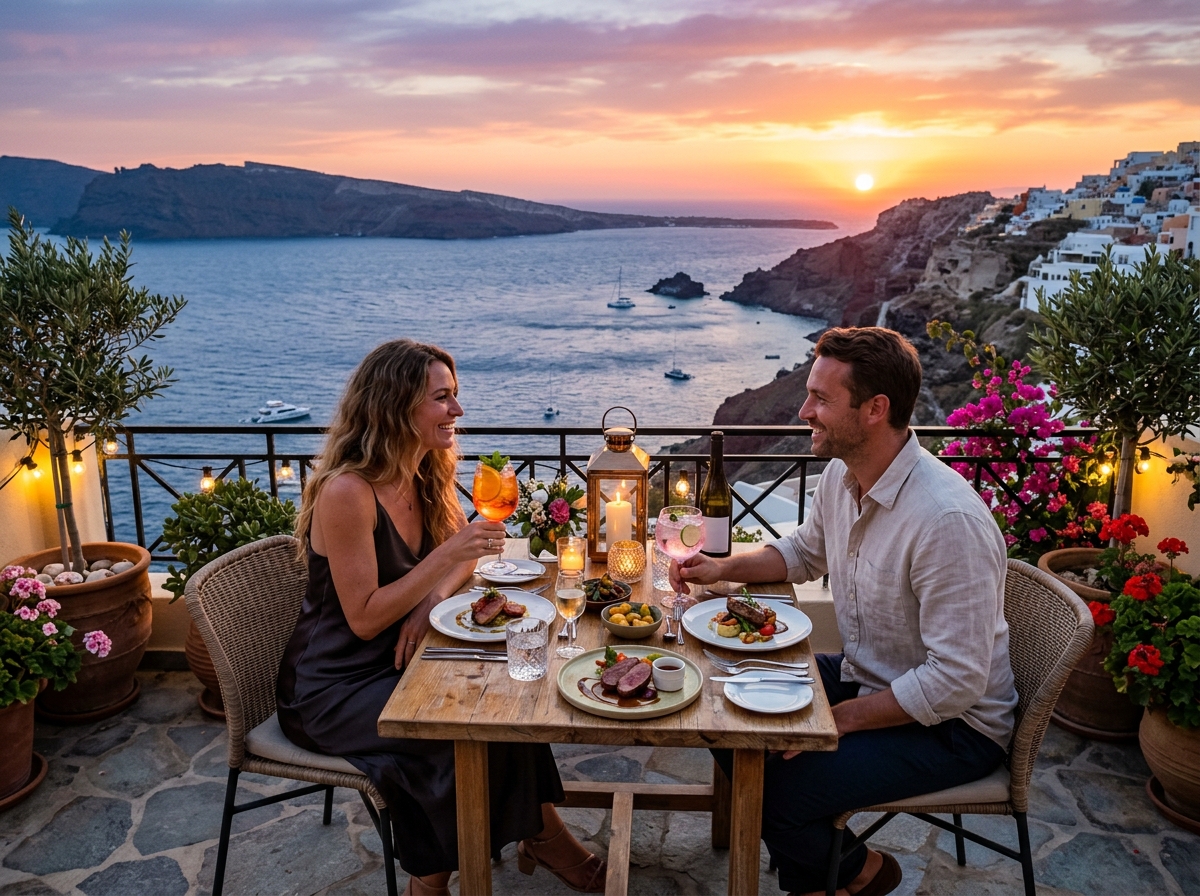 Sunset cocktails and gourmet dining on an outdoor terrace by the sea